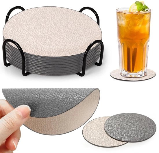 Set di sottopiani per bicchieri, confezione da 12, sottopiani in pelle imitazione a doppia faccia con supporto, sottopiani in vetro, set di sottopiani in vetro, sottopiani per tavolo, sottopiani in pelle a look pelle (grigio + crema)