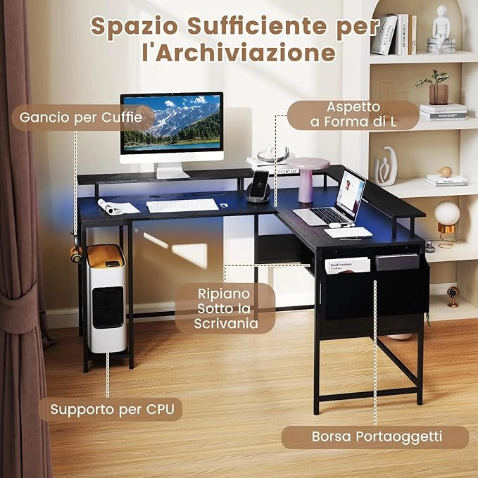 Scrivania da Gaming Angolare, Scrivania per Computer con Luci LED, Prese di Corrente, Supporto per Monitor, Gancio e Ripiani, Postazione di Lavoro ad Angolo