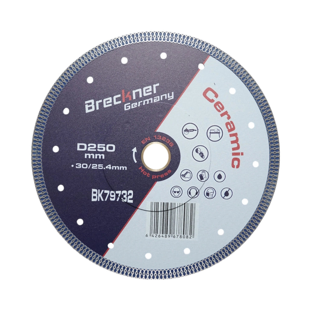 Disco diamantato turbo continuo 250x30/25,4 mm, segmento 10 mm per piastrelle, maiolica, ceramica dura Breckner Germany