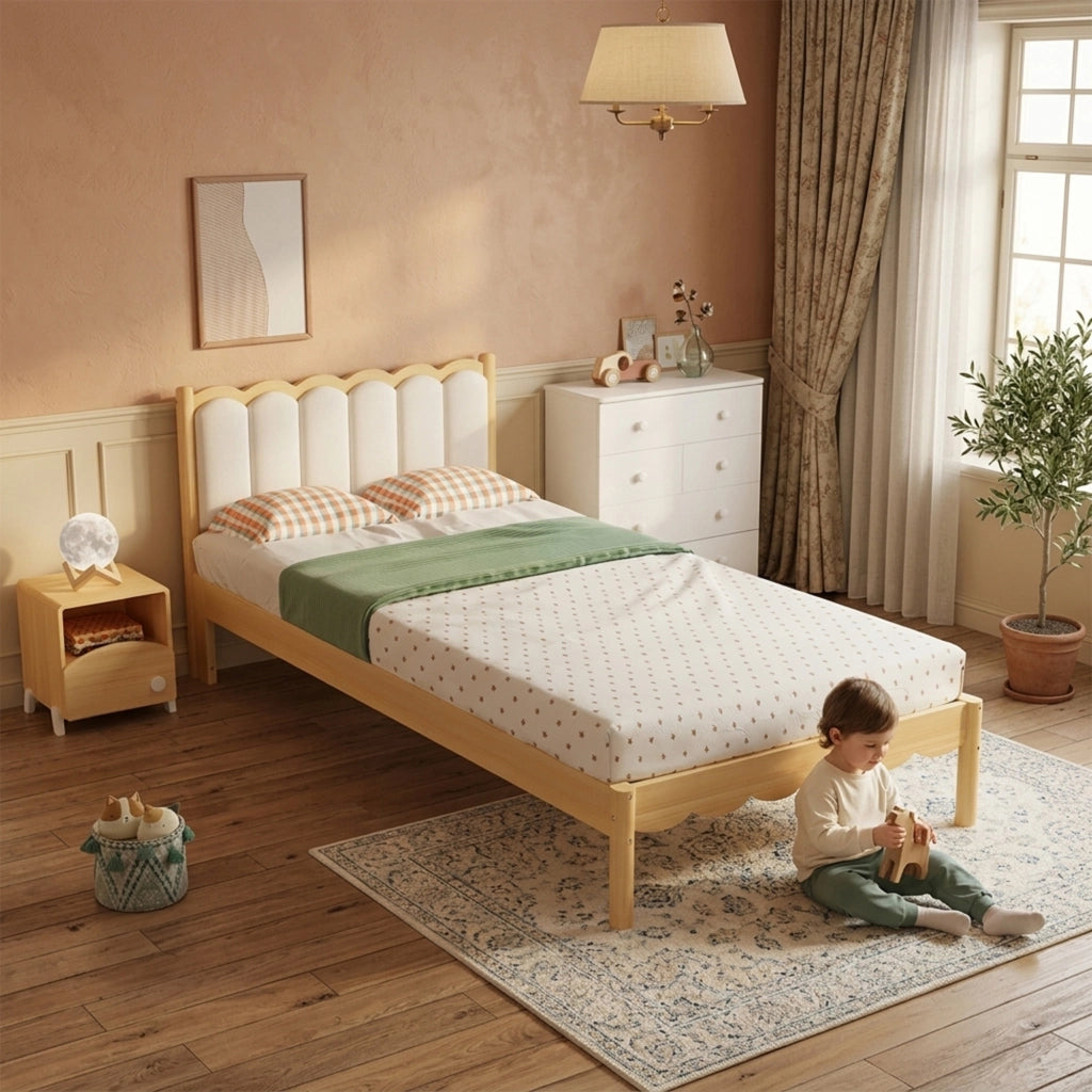 Letto per bambini 90 × 200 cm con testiera in PU, struttura in legno massiccio, senza materasso, beige naturale