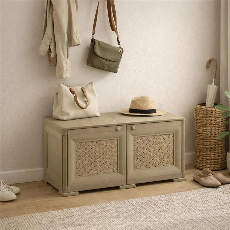 ARMADIO BASSO 79X43X46 CM CON ANTA TRAFORATA, MOBILE TV E CONTENITORE IN PLASTICA PER INTERNO ED ESTERNO COPERTO