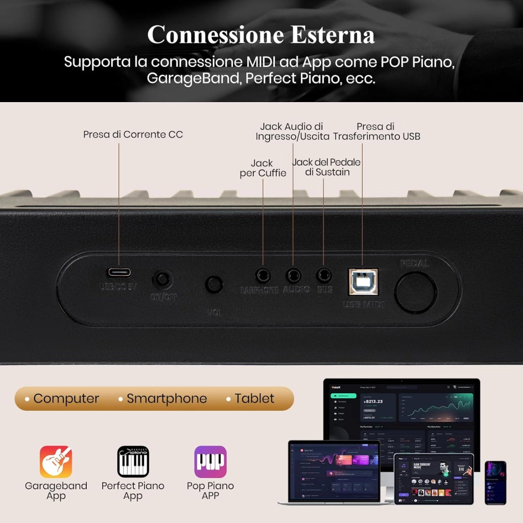 Pianoforte Digitale a 88 Tasti, Tastiera Elettrica per Principianti con 380 Timbri, 128 Ritmi e 88 Demo, Pianola Tastiera Portatile e Leggera con Borsa da Trasporto (Nero)