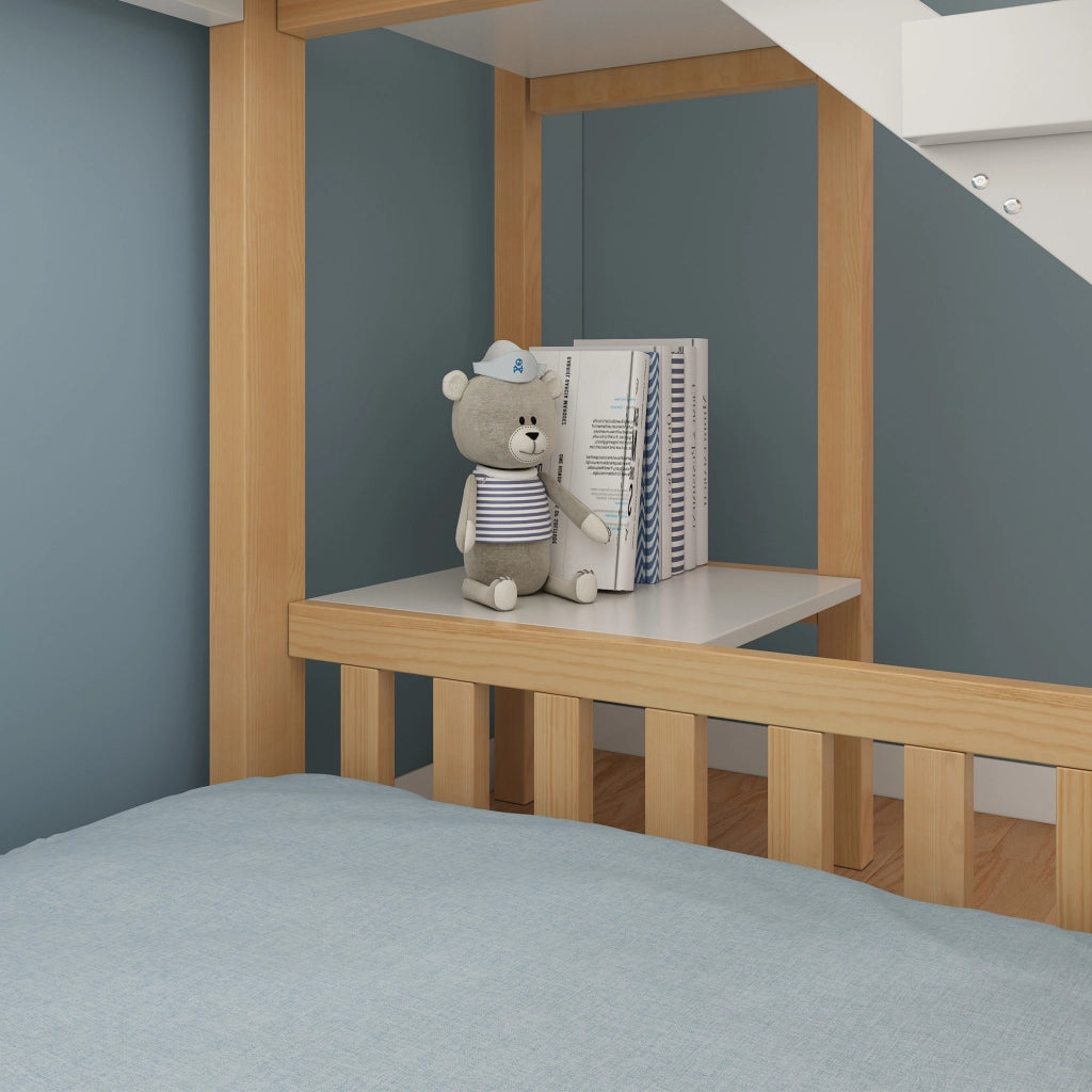 Letto a castello per bambini 90x200 cm in legno bianco e naturale con tetto a capanna; scaffale e scivolo