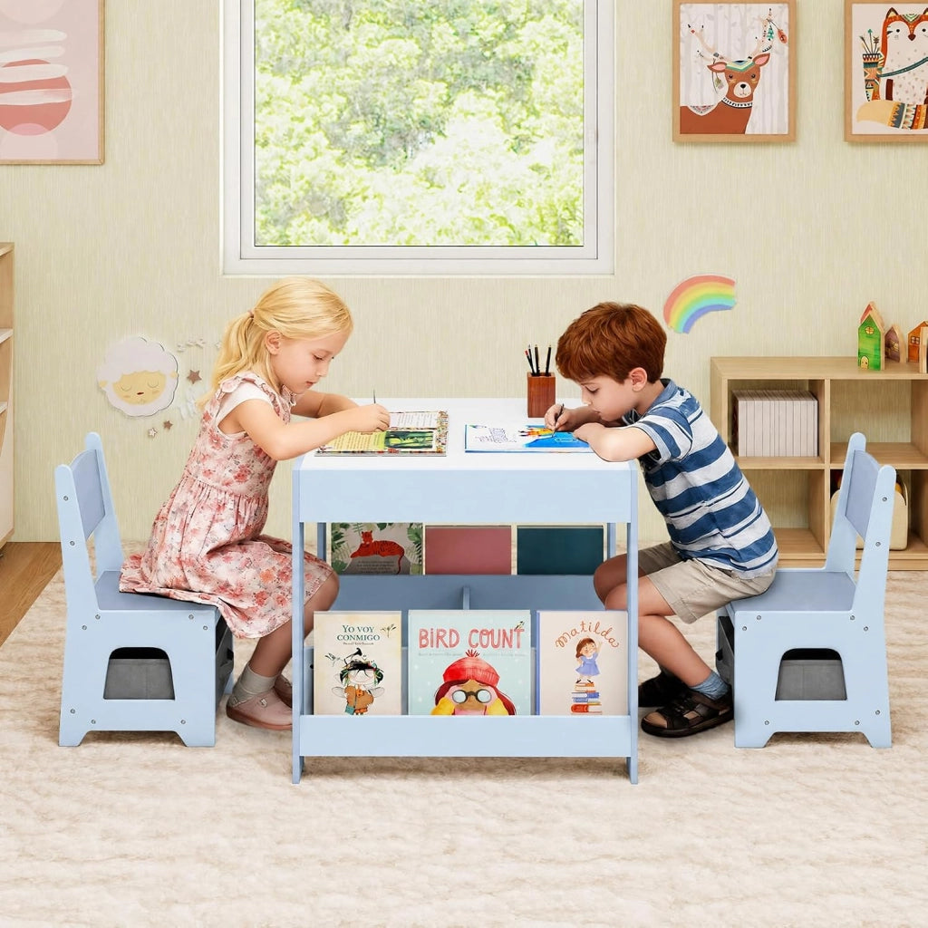 Set Tavolino Bambini con 2 Sedie per 3+ Anni, Tavolo e Sedie 4 in 1 con Lavagna Rimovibile, Librerie e Scatola in Tessuto, Mobile Salvaspazio per Scuola e Cameretta (Blu, Stile 3)