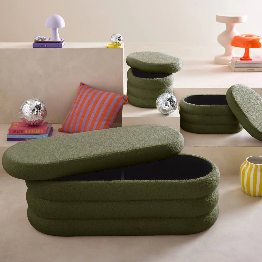Panca contenitore con 2 pouf contenitori bouclé, verde kaki