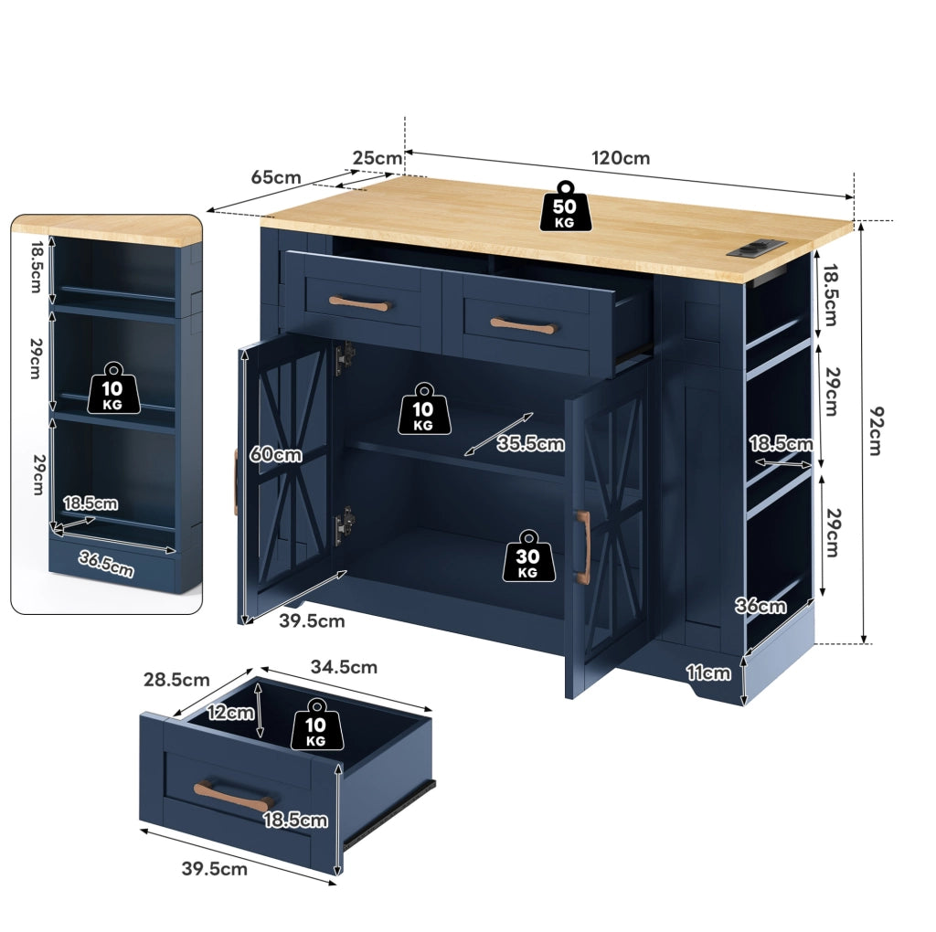 Carrello isola cucina 120x40(65)x92 cm con piano pieghevole e prese integrate in MDF blu e neutro