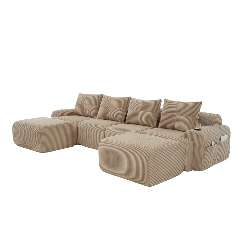 Divano Modulare 4 Posti con Poggiapiedi ¨C MINIMAL ¨C Tessuto, Beige/Khaki, con Portabicchieri