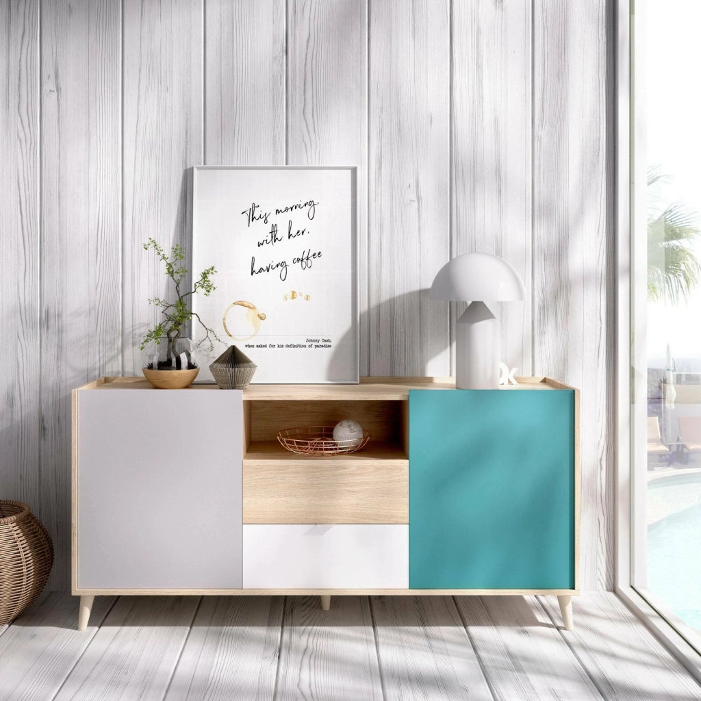 Credenza Asa, Buffet da soggiorno, Madia da salotto moderna a 2 ante, 155x43h75 cm, Bianco e Rovere