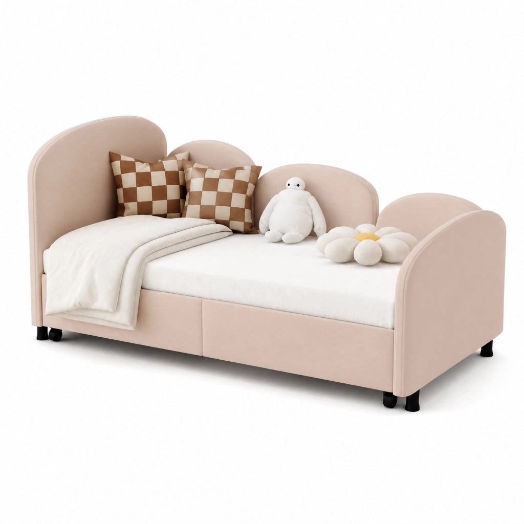 Letto per bambini 90x200 cm in velluto rosa con cassetto contenitore e struttura robusta