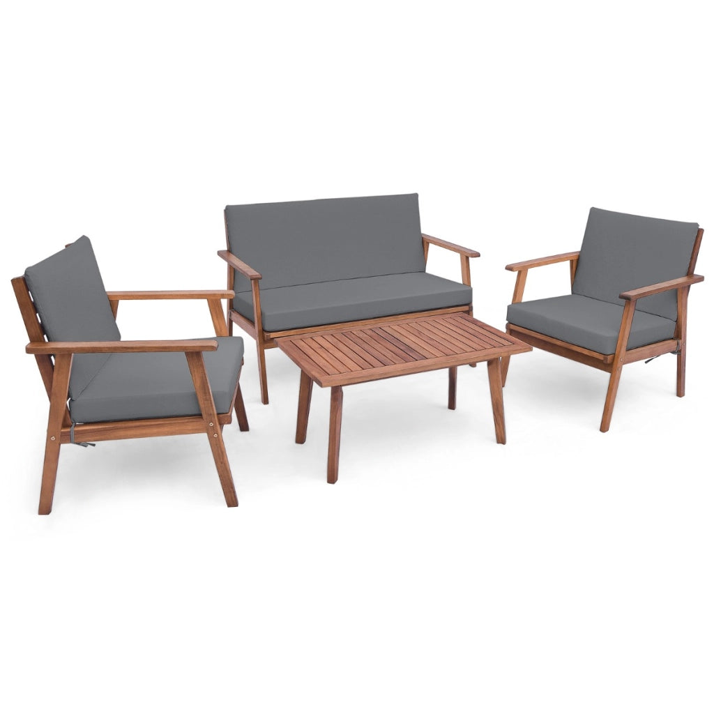 Set da divano in legno di acacia con cuscini morbidi per sedile e schienale, Set di conversazione da esterno in 4 pezzi Grigio-Set mobili da esterno