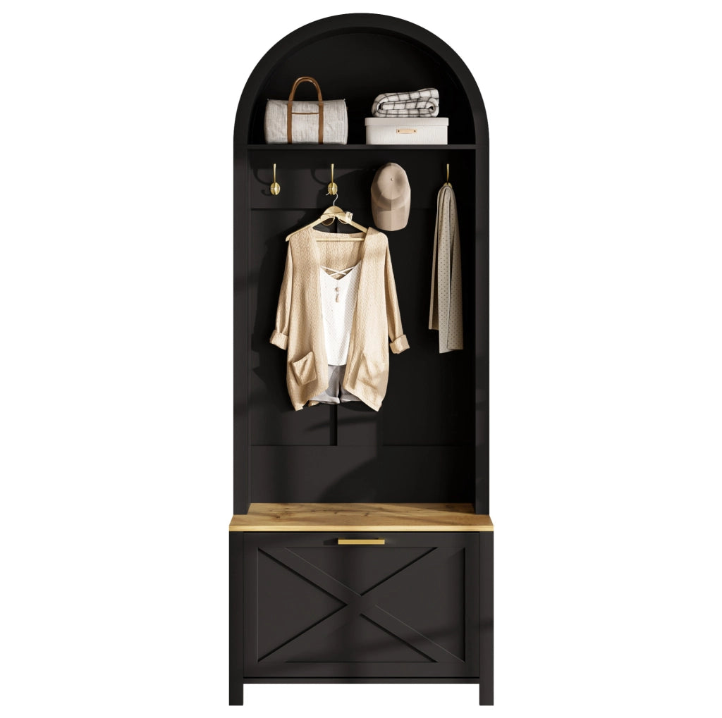 Mobile guardaroba da ingresso con ganci; vano scarpe e ripiano in MDF; 75 x 35 x 195 cm; legno e nero