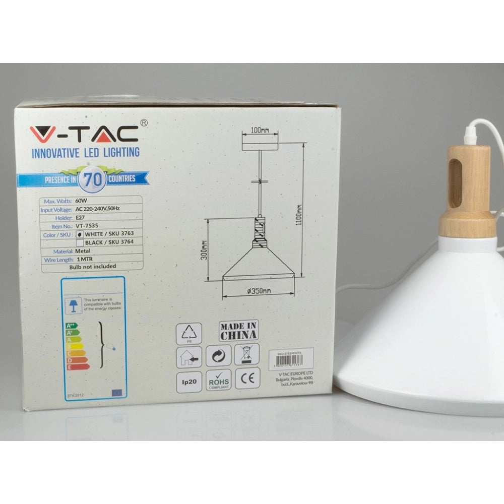 Trade Shop - Lampadario Pendente Lampada A Sospensione Parabola Bianca Base In Legno Vt-7535 -