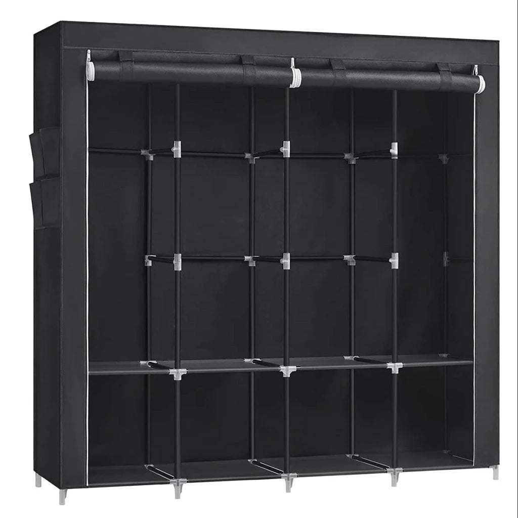 Armadio in tessuto per camera da letto appendiabiti 45 x 170 x 167 cm 4 scomparti appendiabiti ripiani a 2 livelli 4 tasche grande capacità camera da letto/soggiorno nero 12_0003969