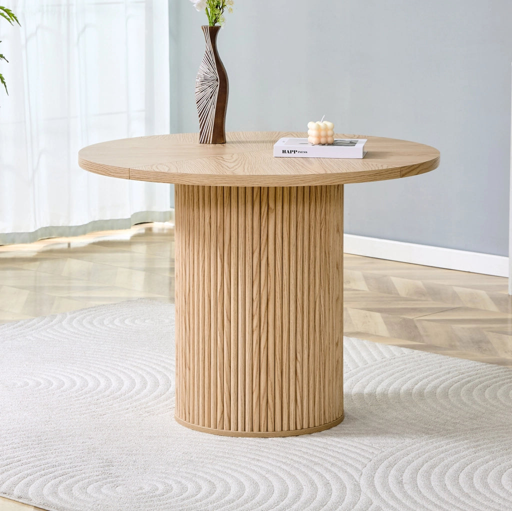 Tavolo da pranzo rotondo 100 cm con vano contenitore; MDF e metallo; effetto legno naturale