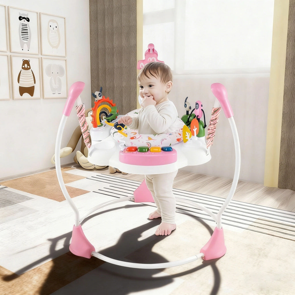Centro attività bambini jumperoo 6 giocattoli interattivi luci musica-Centro attività altezza regolabile tavolo 360° neonati 6 mesi+ Rosa
