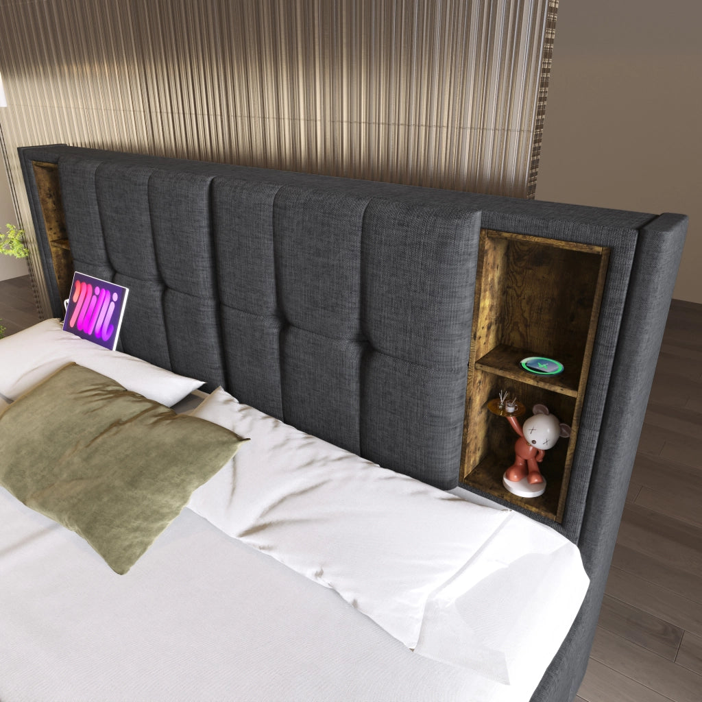 LETTO 160x200 cm in lino grigio con ricarica wireless, USB e 4 cassetti