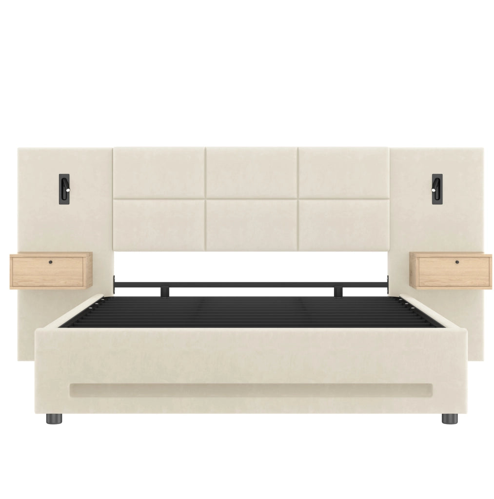 Letto matrimoniale imbottito 180x200 cm in velluto beige con contenitore; USB-C e LED