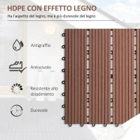 Set 11 Piastrelle per Esterni ad Incastro Antiscivolo in HDPE Riciclato, 30x30x2.2 cm, Marrone