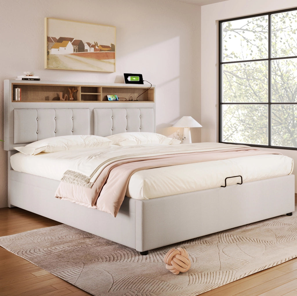 Letto matrimoniale imbottito 140x200 cm con testiera regolabile; USB e contenitore; beige