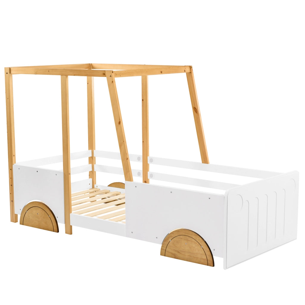 Letto per bambini a forma di auto 90x200 cm con sponde in pino e MDF bianco e naturale