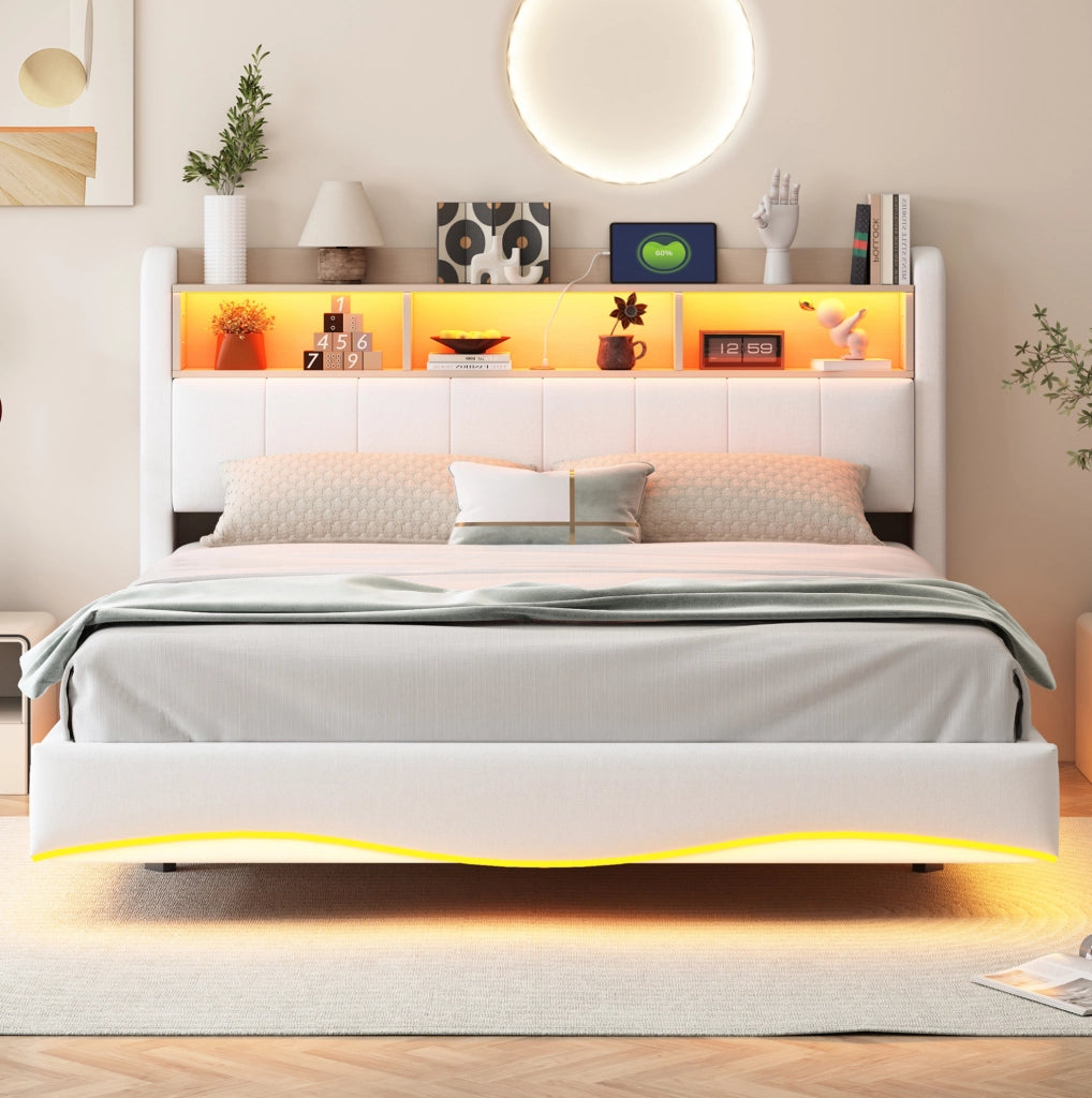 Letto imbottito sospeso 160x200 cm con LED; USB e Type-C; contenitore testiera; beige