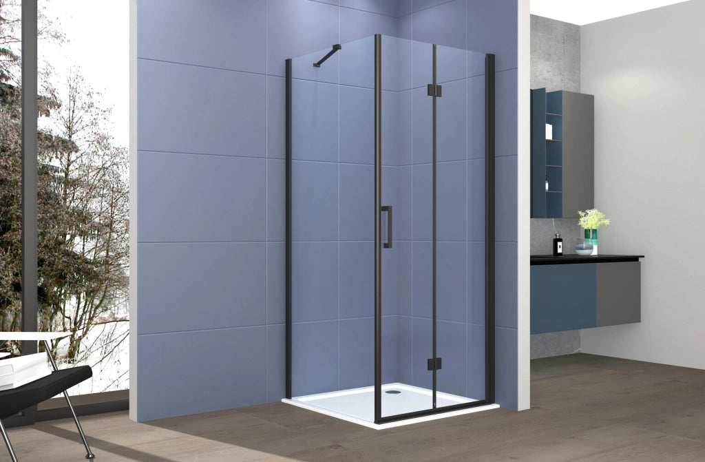Box doccia Angolare 90x80 cm porta a soffietto + fisso H200 cm cristallo 6 mm profilo NERO OPACO ZAIRA