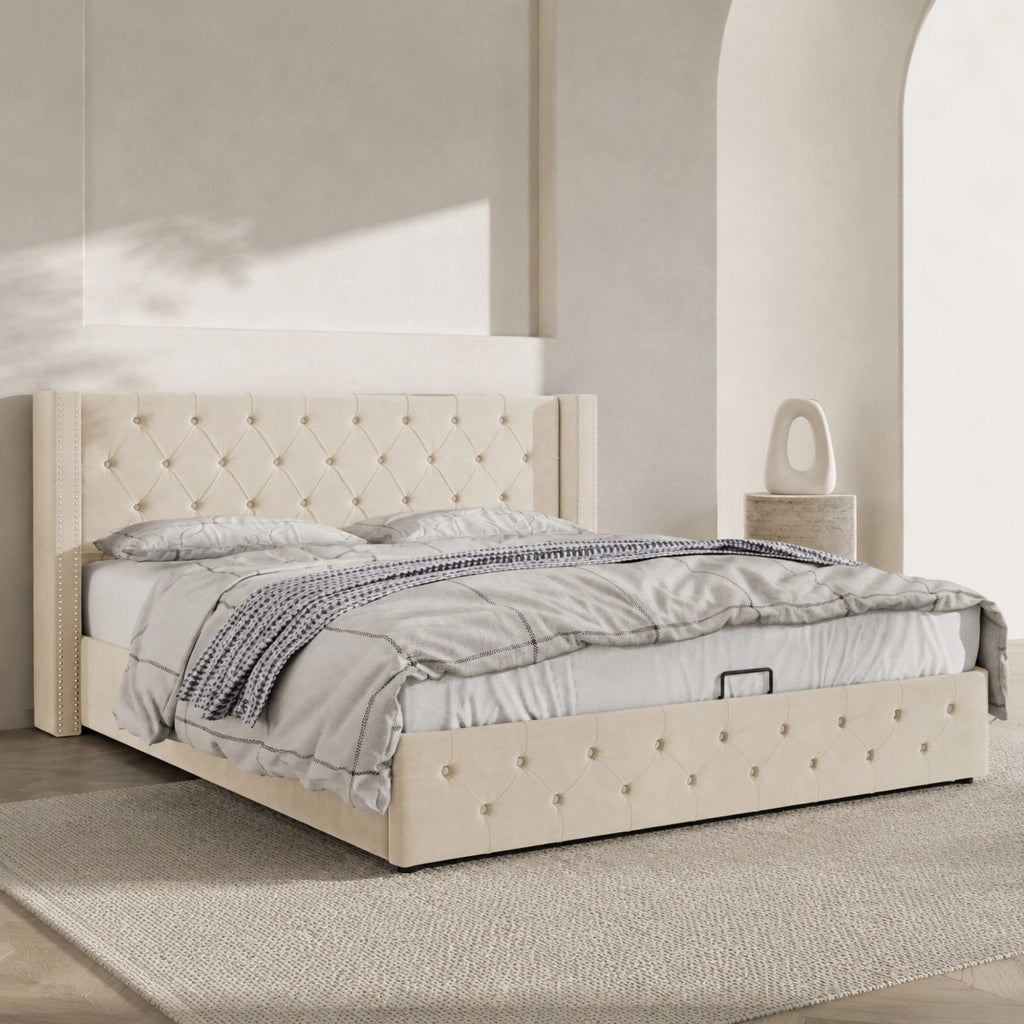 Letto imbottito contenitore Chesterfield 140x200 cm in velluto beige