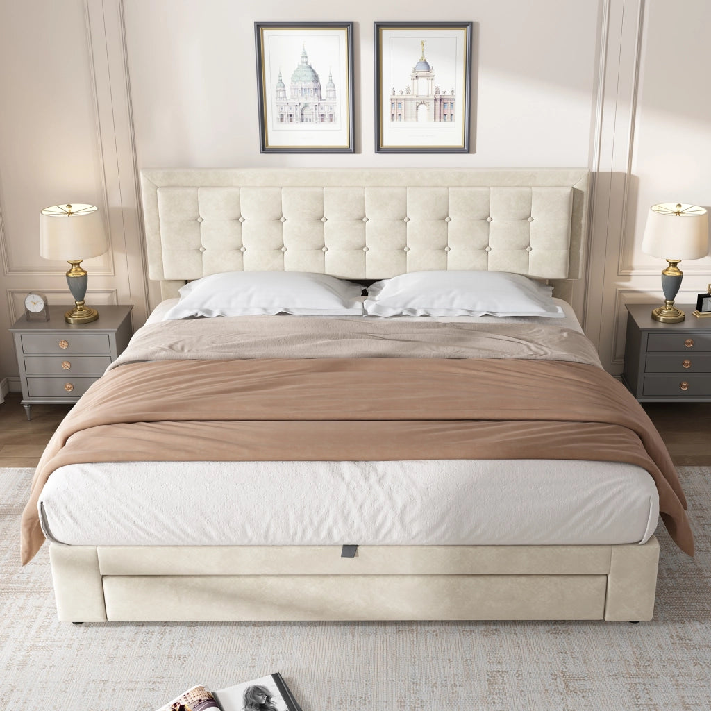 Letto contenitore matrimoniale 180 × 200 cm con testiera regolabile, cassetti e vano idraulico, senza materasso, beige