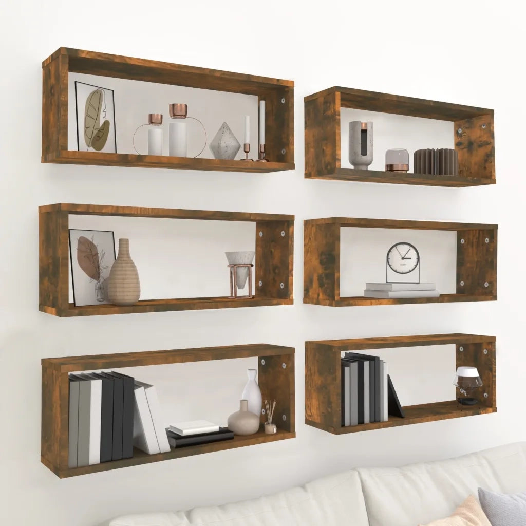 Mensole Parete Cubo 6pz Rovere Fumo 60x15x23 cm in Multistrato 815926