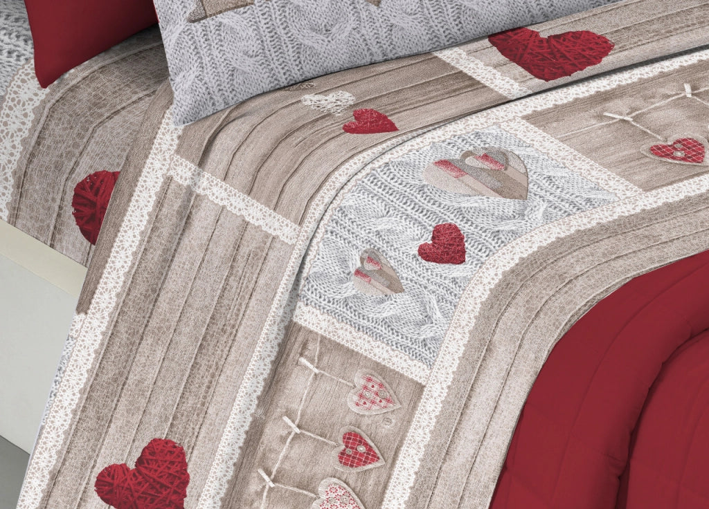 Completo Lenzuola Linea Pensieri Delicati 100% Cotone Disegno Shabby Love - Piazza E Mezza - Rosso