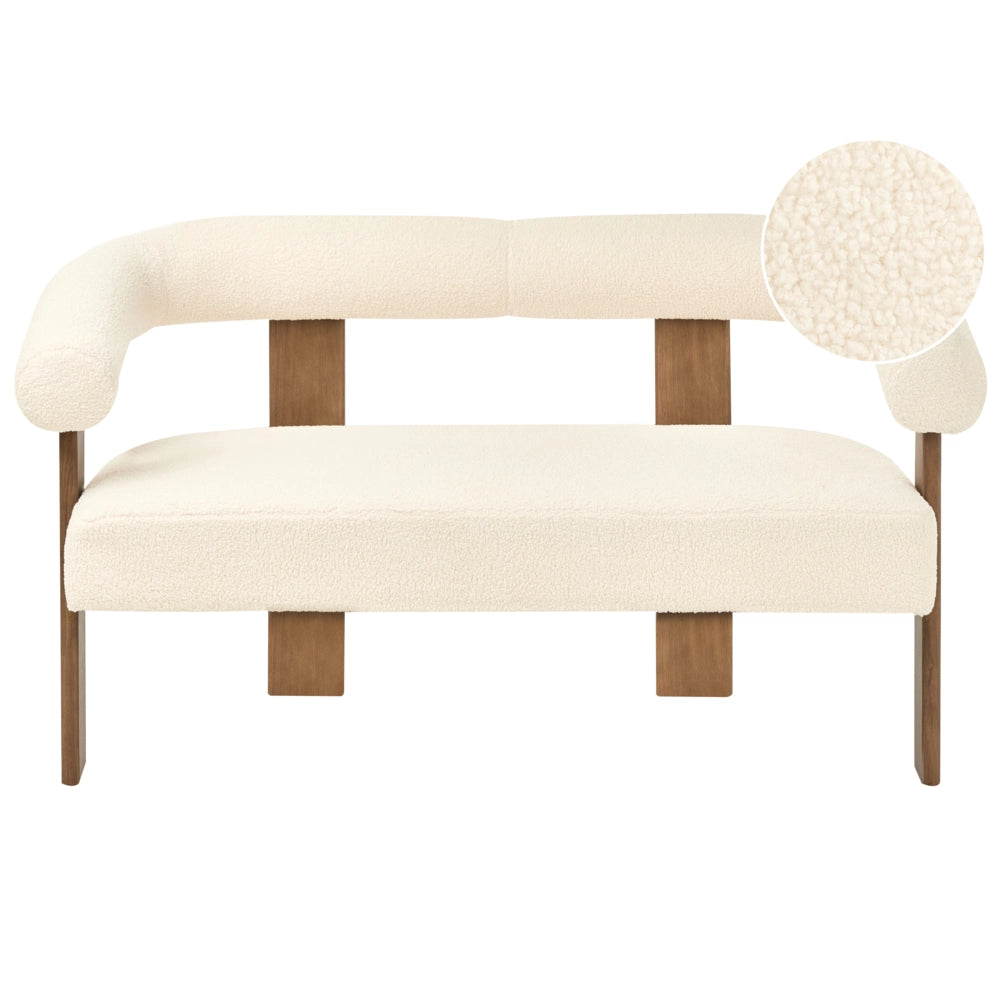Divano a 2 posti Boucle bianco sporco e Marrone Scuro stile retrò gambe in legno