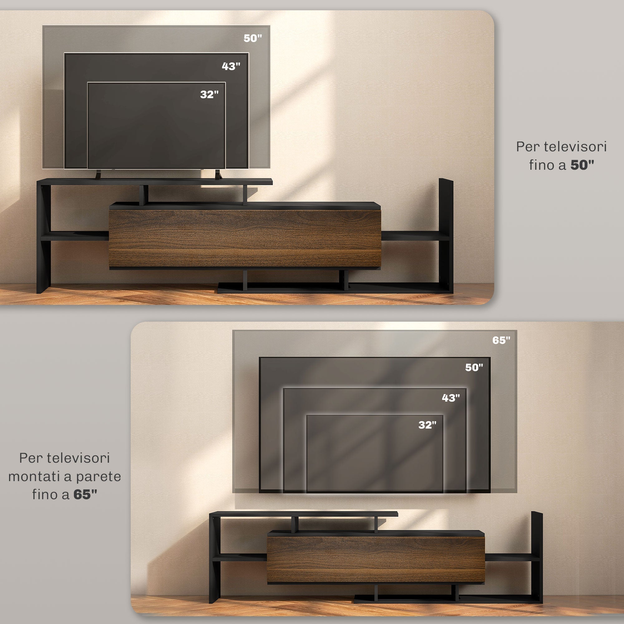 Mobile TV Ripiani e Armadietto a Ribalta con Mensola a Muro 153,6x25x42 cm Nero e Marrone