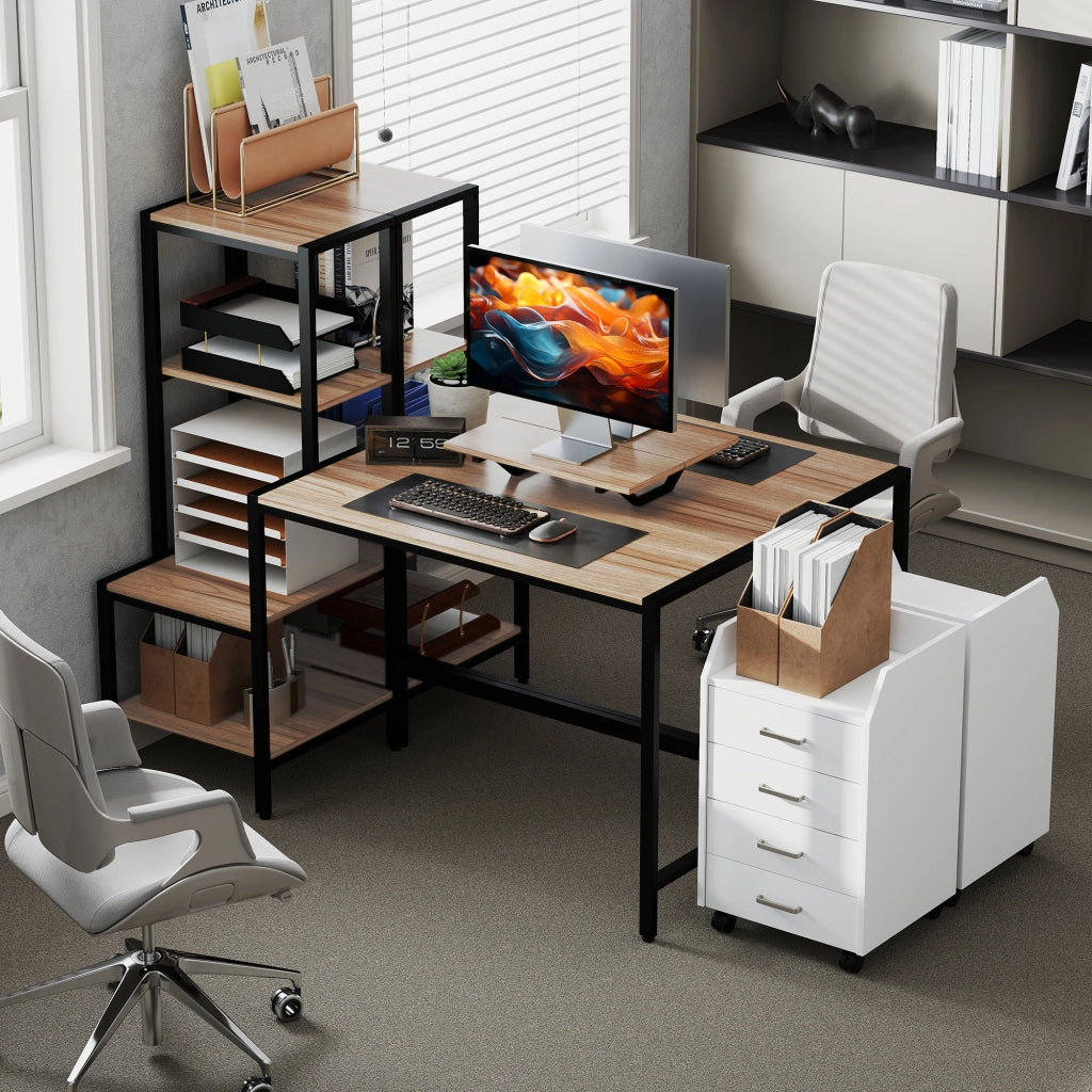 Scrivania con scaffale a 4 ripiani e supporto monitor ¨C Minimal ¨C Marrone 90x50x