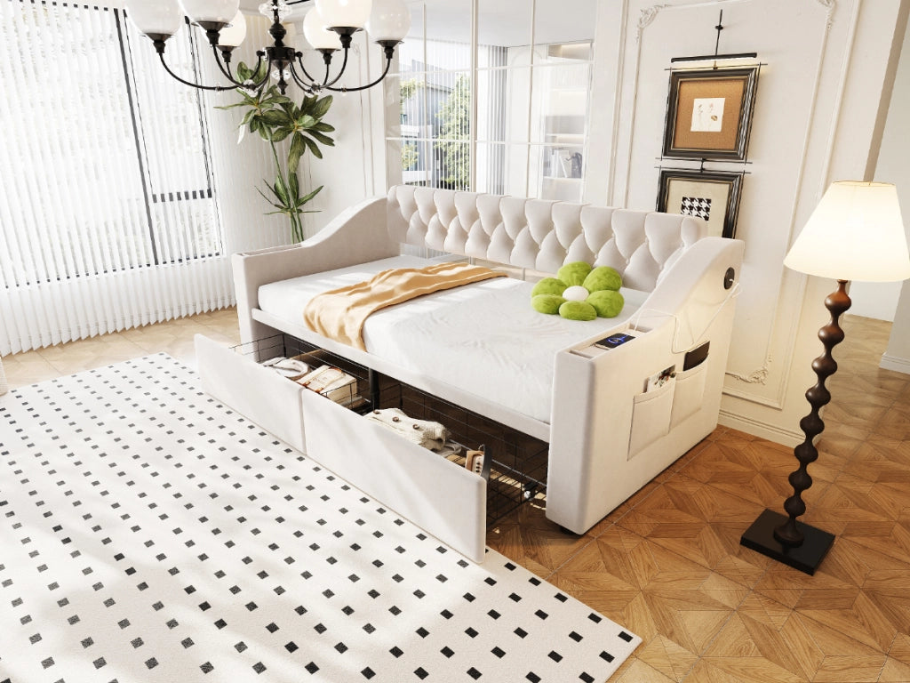 Letto divano con funzione letto in velluto beige 90x190 cm