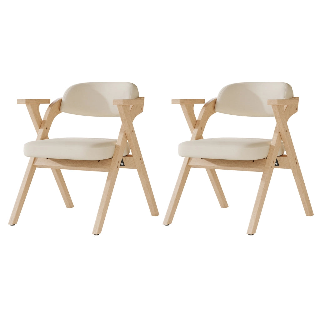 Set di 2 sedie da pranzo pieghevoli con braccioli; legno massello; lino beige