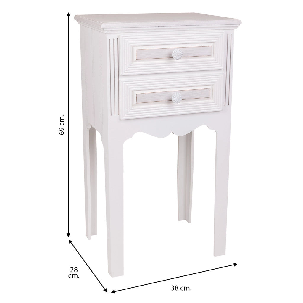 Comodino in legno con 2 cassetti bianchi 38x28x69.