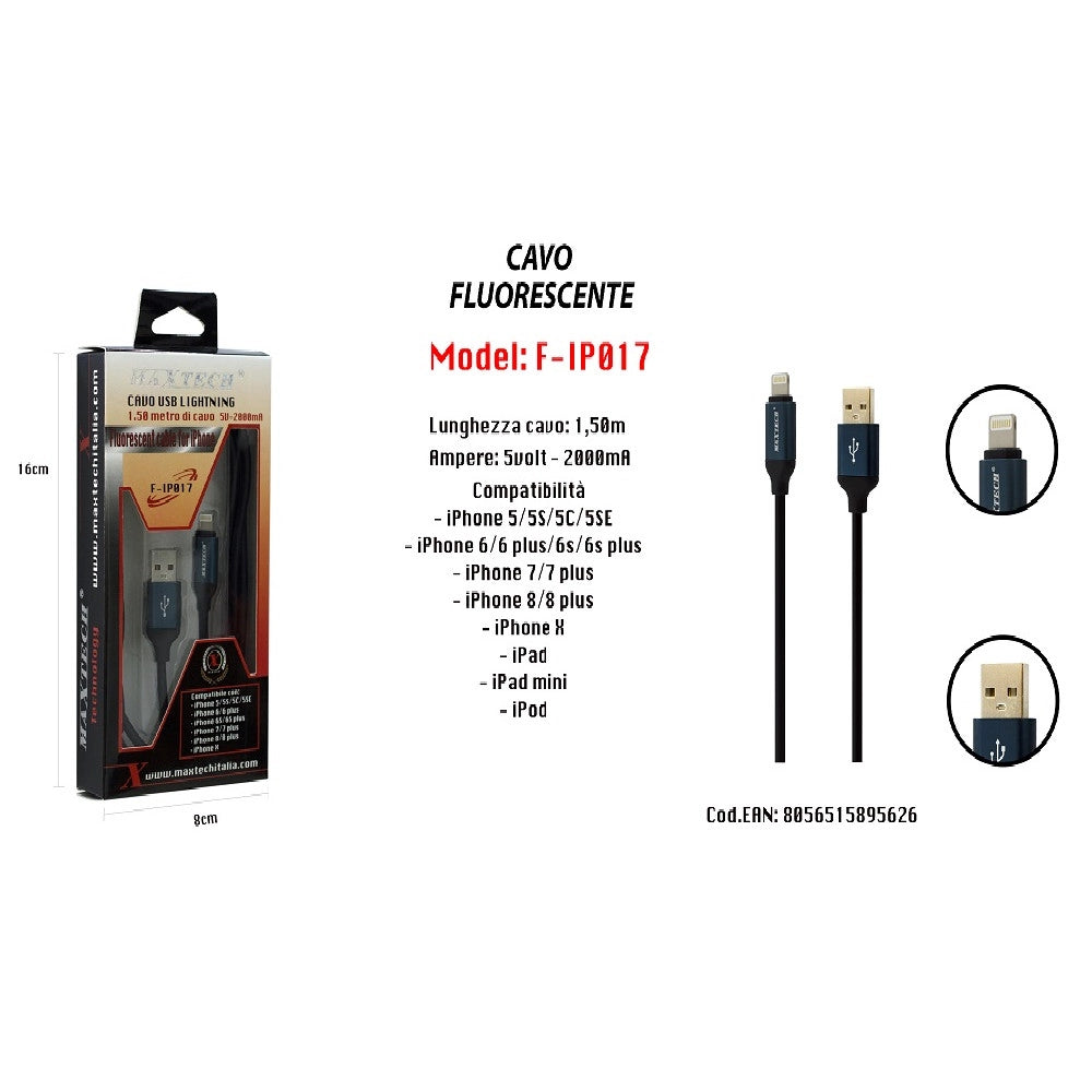 Trade Shop - Cavo Fluorescente Ricarica Per Iphone Ipad Ipod 1,50mt 5volt - 2000ma Maxtech F-ip017 -