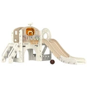 Struttura di gioco per bambini, scivolo 7 in 1, parco giochi interno con spazio di archiviazione e tunnel rampicante, 186x153x111 cm, Bianco crema