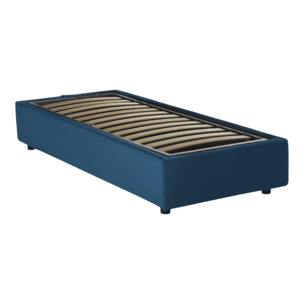 Letto singolo Addison, Letto contenitore con rivestimento in tessuto, Made in Italy, Apertura frontale, con materasso cm 90x190 incluso, Blu