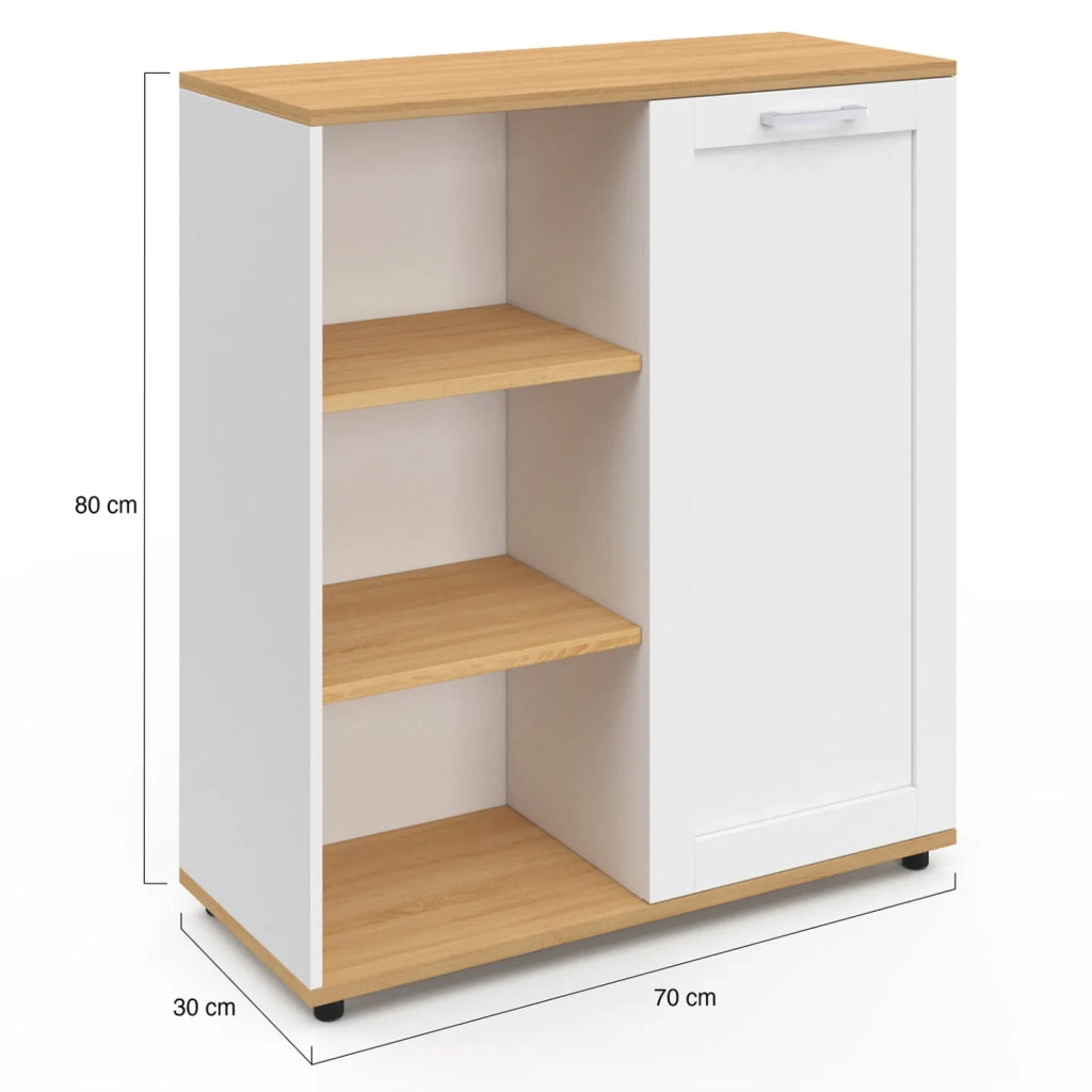 IDMarket - Aparador VITO de 3 estantes con armario blanco y encimera de madera de 70 cm