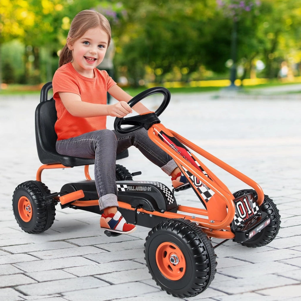 Go Kart a Pedali per Bambini, Go Kart Veicolo con Sedile Regolabile e Freno a Mano, per Bambini 3-6 Anni, Portata Massima 30 kg (Arancia)