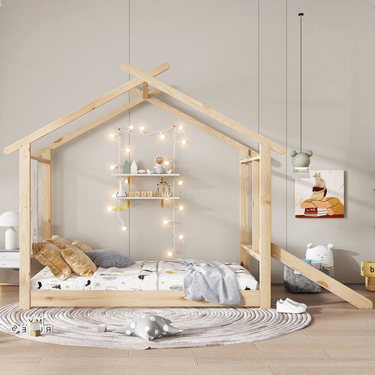 Letto Singolo Bambino con Scivolo 90x200cm - Xylo - Design Tetto e Lavagna in Legno Naturale