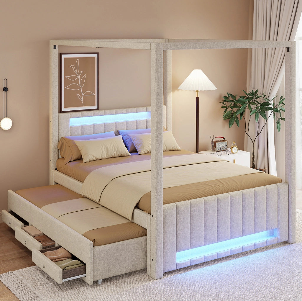 Letto a baldacchino imbottito 140x200 cm con letto estraibile; 3 cassetti; LED; beige