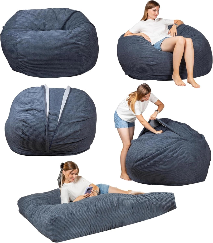 Pouf Poltrona Sacco Convertibile en Materasso/Futon Singolo Pieghevole 135x185 cm - Morbido, Tessuto di Velluto a Coste Larghe - Confortevole, Imbottitura in Schiuma (Blu Notte)