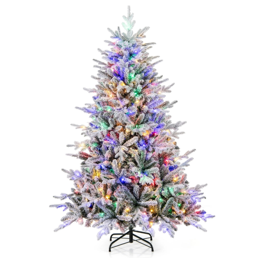 Albero di Natale artificiale rivestito di neve di 186cm, Albero decorativo con cerniera e 8 modalit¨¤ luminose