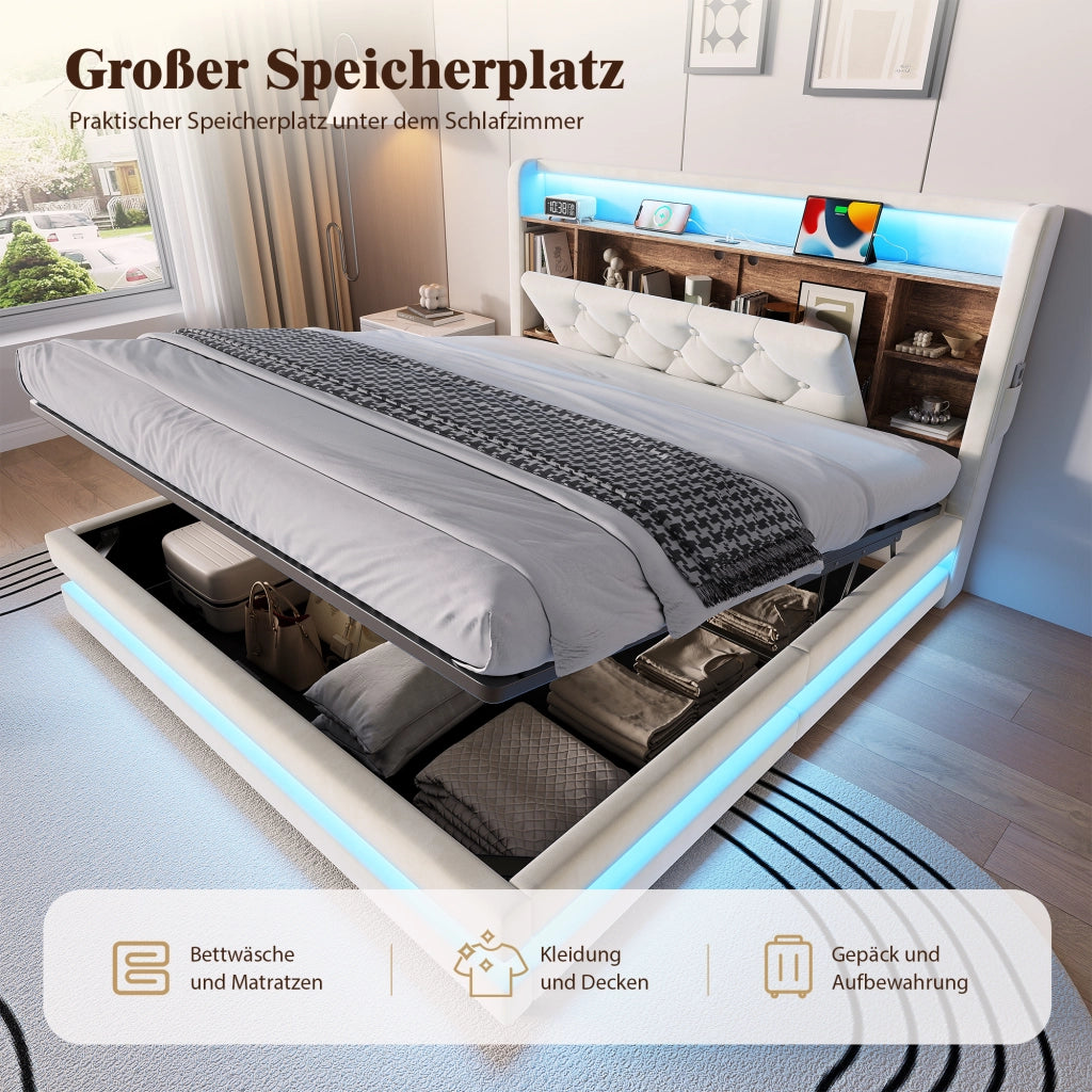 LETTO contenitore 140x200 cm in velluto beige con testiera multifunzione