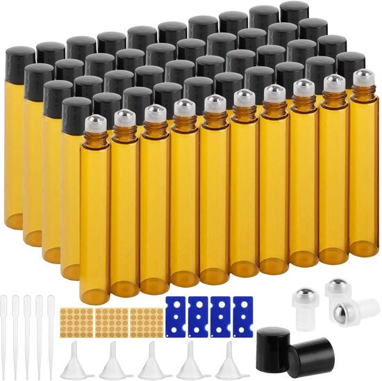 Flessi di applicazione rotolante da 50 pezzi - Flessi di vetro - 10 ml - Applicatori rotolanti in acciaio inossidabile - Colore ambra - Per olii eterei - Flessi per olii eterei