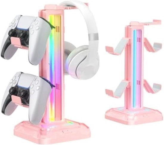 Accessori per Giocatori per Scrivania - Stand per Headset con 9 Modi di Luce - Supporto per Controller per Giocatori per Scrivania - Stand per Headset Rotativo e Supporto per Controller Removibile - Rosa