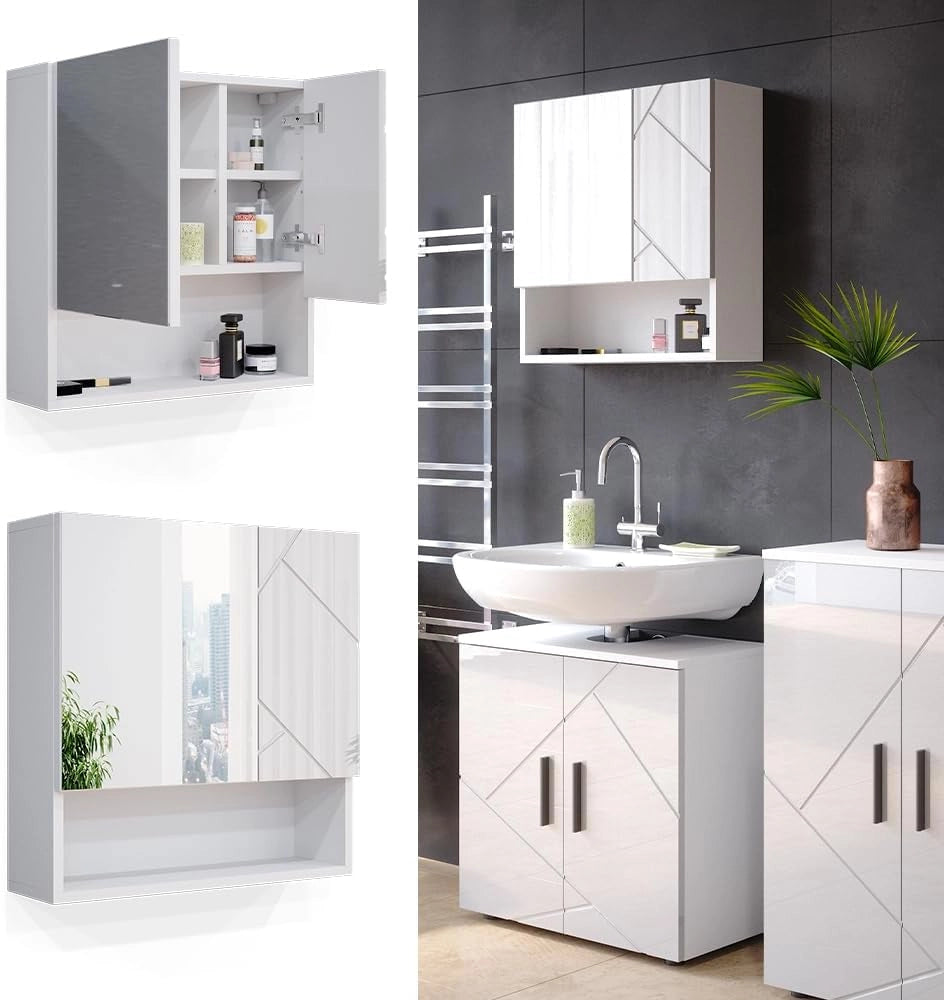 Specchio contenitore bagno Irma, Bianco lucido, 54 x 55 cm, per montaggio a parete con specchio e vani a giorno