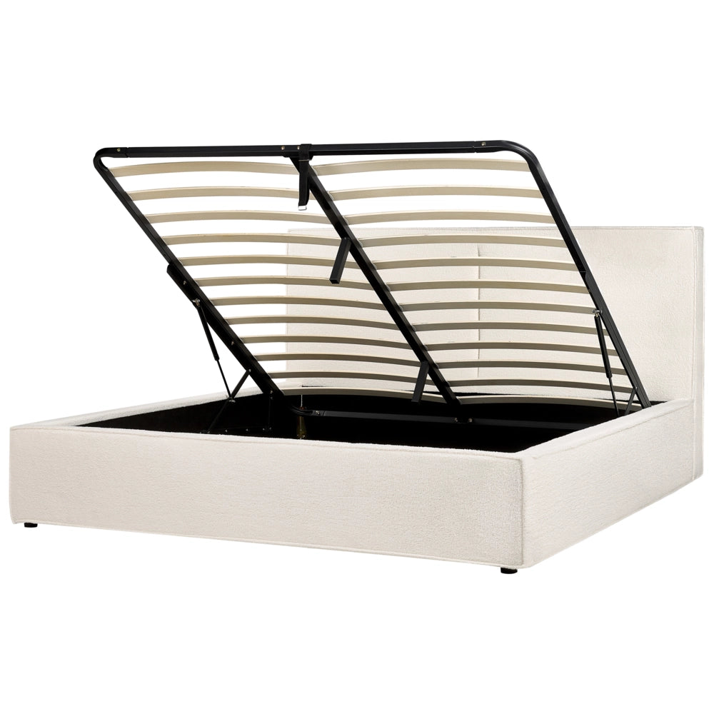 Letto king size 180 x 200 cm Bianco Sporco Rivestimento in bouclé Ottomana di contenitore Telaio a doghe Camera da letto moderna contemporanea
